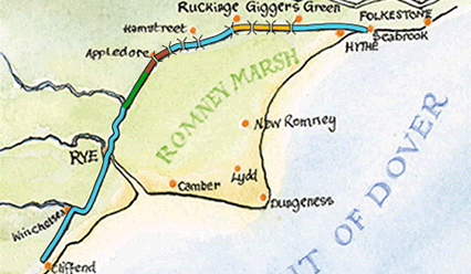 Map showing Fishing Clubs along the Royal Military Canal